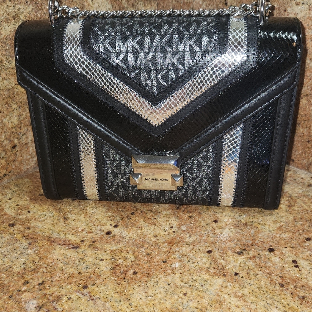 Michael Kors Black and Silver Crossbody Bag with Chevron Pattern